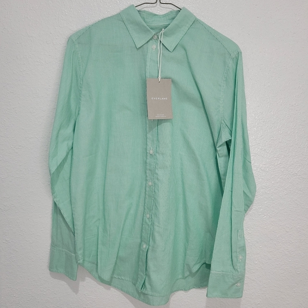 Everlane The Silky Cotton Relaxed Shirt Green White Stripe Button Down Size 4